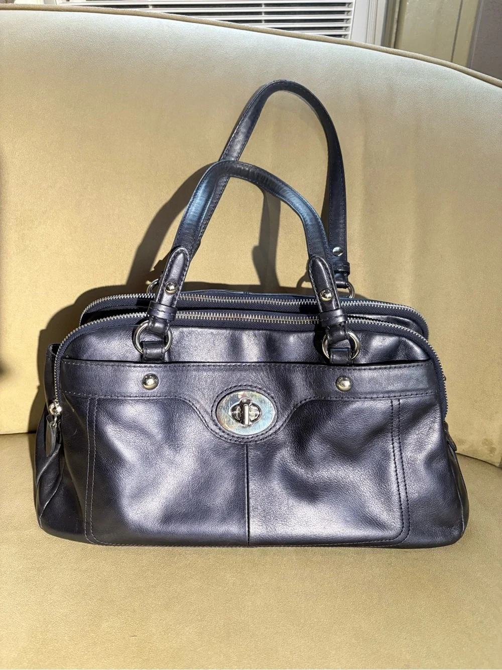 Coach Dark Navy Pearlescent Leather Double-Zip Shoulder Bag with Turn-Lock